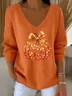Casual Halloween Sequin Pumpkin Print V Neck Long Sleeve T-shirt
