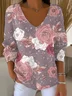 Casual Floral V Neck Long Sleeve T-shirt