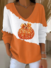 Casual Halloween Pumpkin Print V Neck Long Sleeve T-shirt