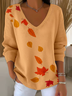 Casual Maple Leaf V Neck Long Sleeve T-shirt