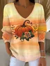 Halloween Pumpkin Print Casual Maple Leaf V Neck Long Sleeve T-shirt