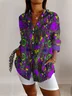 V Neck Long Sleeve Floral Regular Micro-Elasticity Regular Fit Shirt For Women