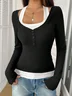 Casual Plain Square Neck Long Sleeve T-shirt