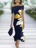 Women Floral Summer Printing Dress Cold Shoulder Cap Sleeve H-Line Dress