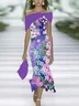 Women Floral Summer Printing Dress Cold Shoulder Cap Sleeve H-Line Dress