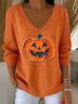 Women Cotton Halloween Pumpkin Print Long Sleeve Comfy Casual Sweater