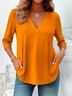 Casual Plain V Neck Long Sleeve T-shirt