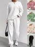 Women Plain Embossed Two-Piece Set Daily Long Sleeve Casual Spring/Fall Top With Pants Matching Set