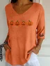 Casual Halloween (pumpkin) V Neck Three Quarter Sleeve T-shirt