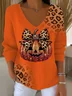 Casual Leopard V Neck Long Sleeve T-shirt