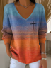 Casual Abstract V Neck Long Sleeve T-shirt