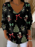 Casual Christmas V Neck Long Sleeve T-shirt