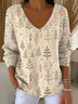 Casual Christmas V Neck Long Sleeve T-shirt