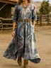Women Ethnic Spring/Fall Dress V Neck Long Sleeve H-Line Dress