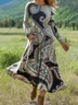 Women Floral Summer Dress Crew Neck Long Sleeve H-Line Dress