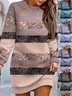 Women Striped Spring/Fall Printing Dress Crew Neck Long Sleeve Hip Skirt A-Line Dress