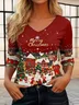 Casual Christmas Snowman V Neck Long Sleeve T-shirt