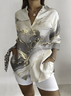 Shawl Collar Long Sleeve Abstract Graphic Regular Loose Shirt For Women