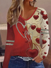 Casual Heart/Cordate V Neck Long Sleeve T-shirt