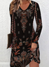 Women Floral Summer Printing Dress V Neck Long Sleeve Tunic A-Line Dress