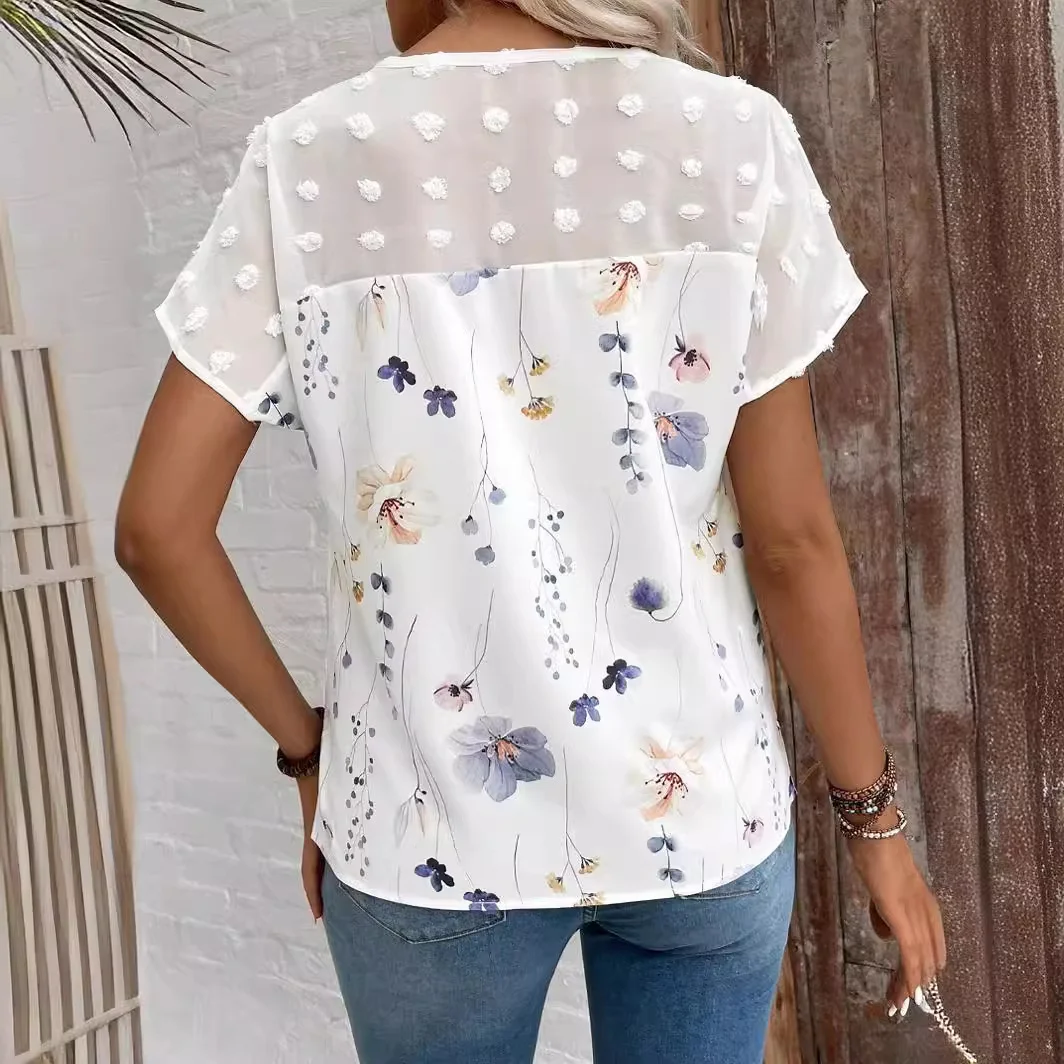 V Neck Short Sleeve Plain Regular Micro-Elasticity Loose Shirt For Women