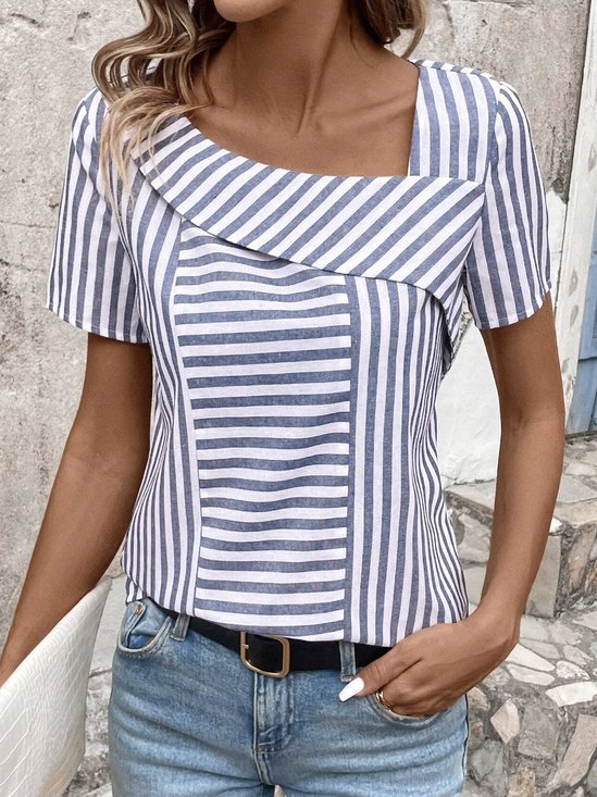 Asymmetrical Collar Long Sleeve Striped Regular Loose Shirt For Women